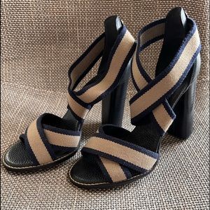 Tory Burch Laurie Navy Tan Strappy Stretch Heels